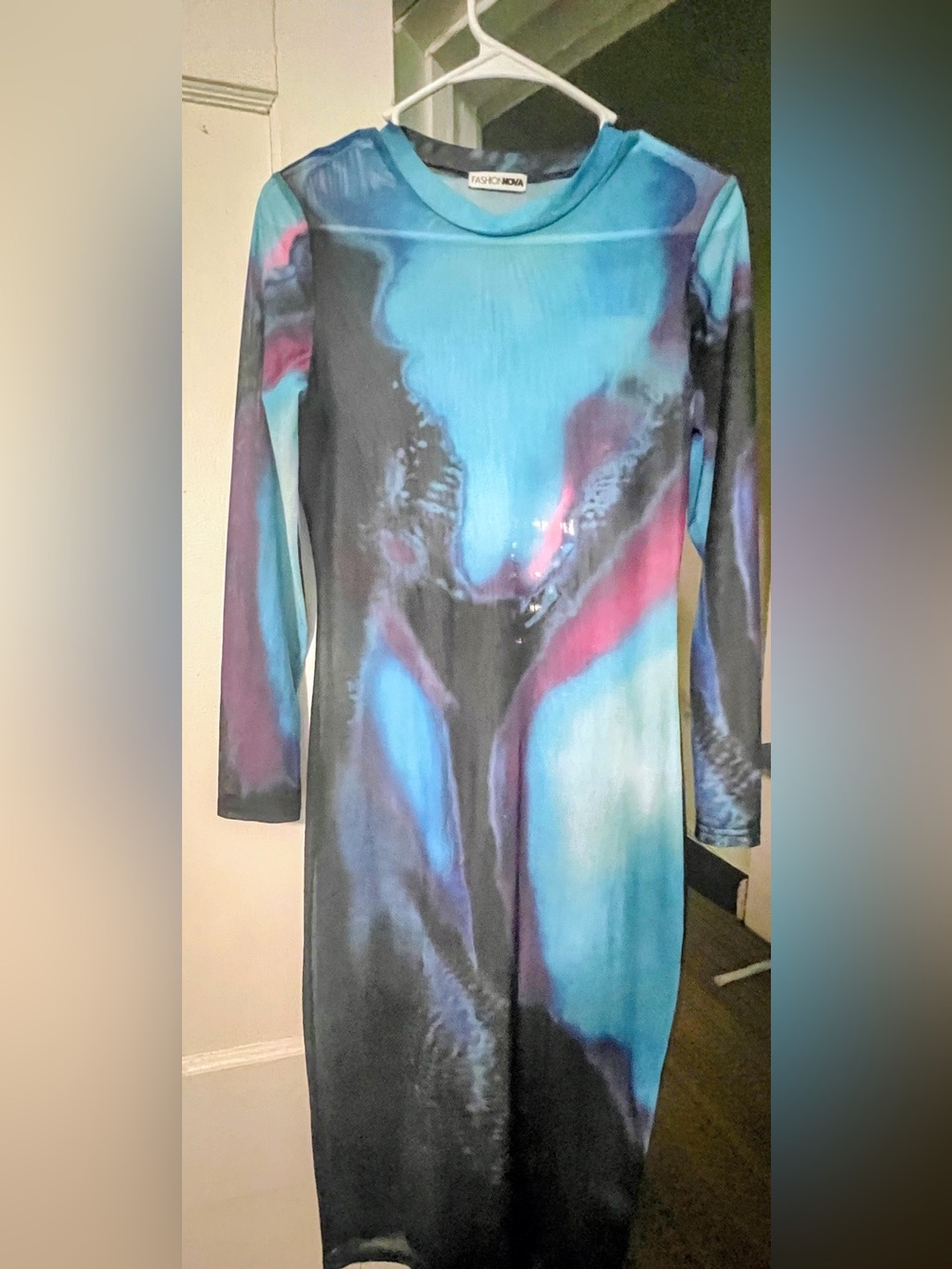 Fashion Nova Teal and Navy Sheer Mesh Tie-Dye MIDI Dress